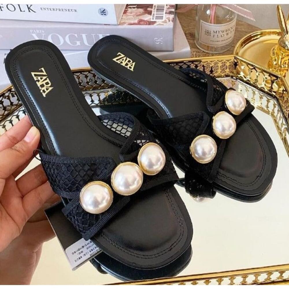ZARA Pearl Embellished Mesh Slide Sandals NWT Black Resort Flats Size 7.5 - Picture 9 of 16